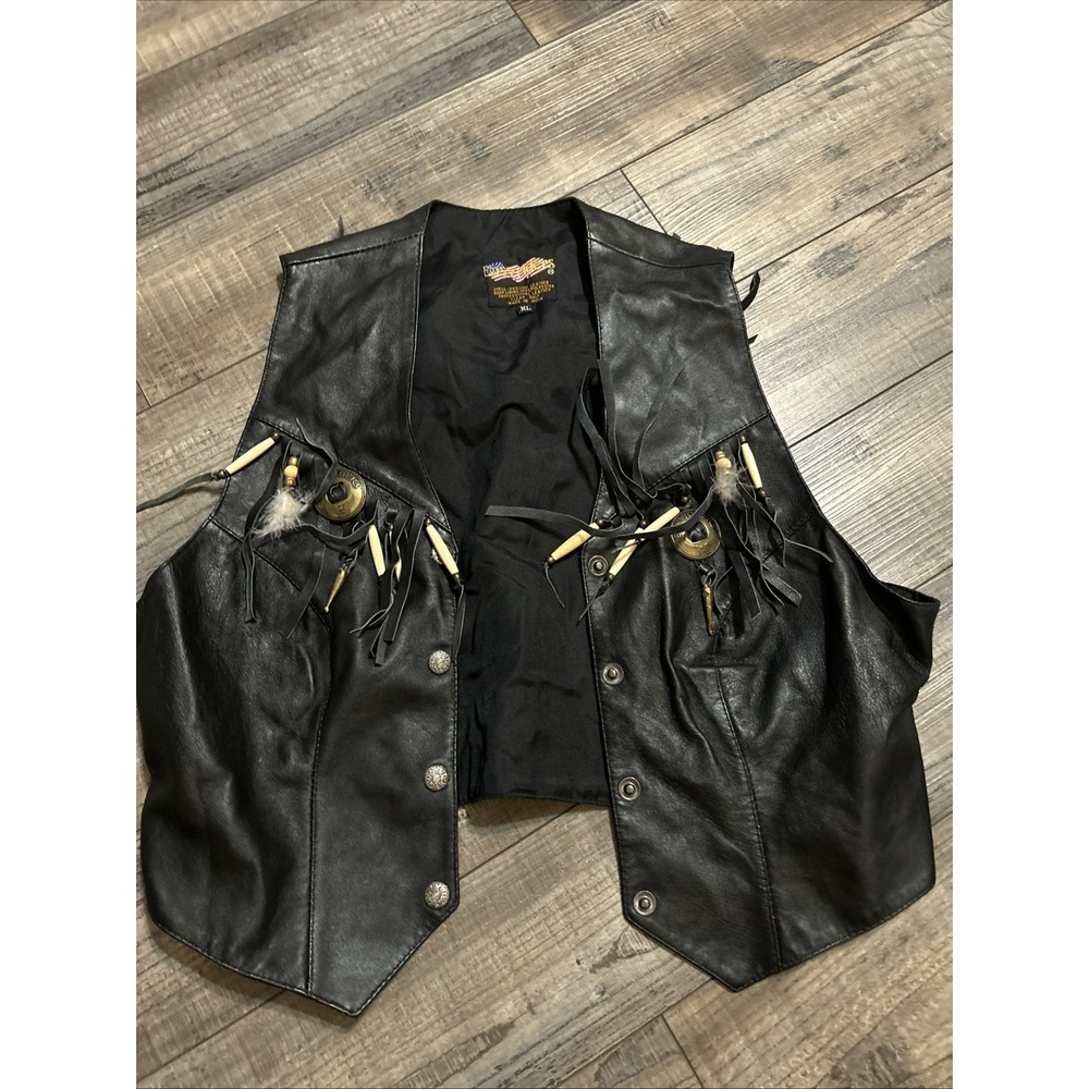 Easy Rider Womens Leather Vest Beaded Button Front Motorcycle Biker Work Xl